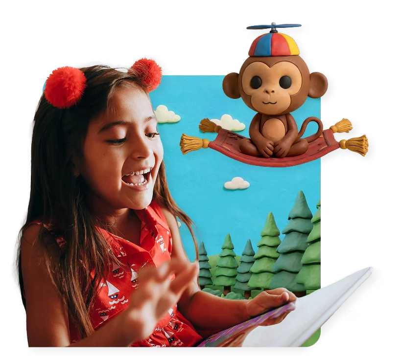 Girl enjoying Meevee on tablet with Mookee character