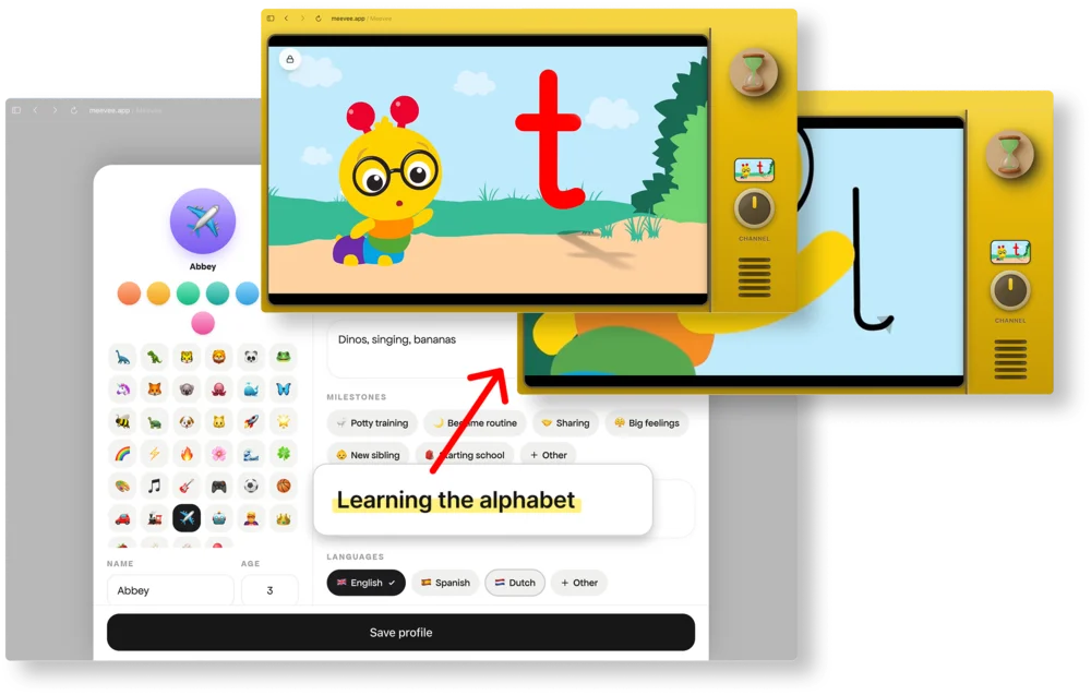 Meevee in a web browser at meevee.app: a parent sets the milestone 'Learning the alphabet' in a child's profile, and Meevee's AI builds a session with a Baby Einstein episode that traces letters.