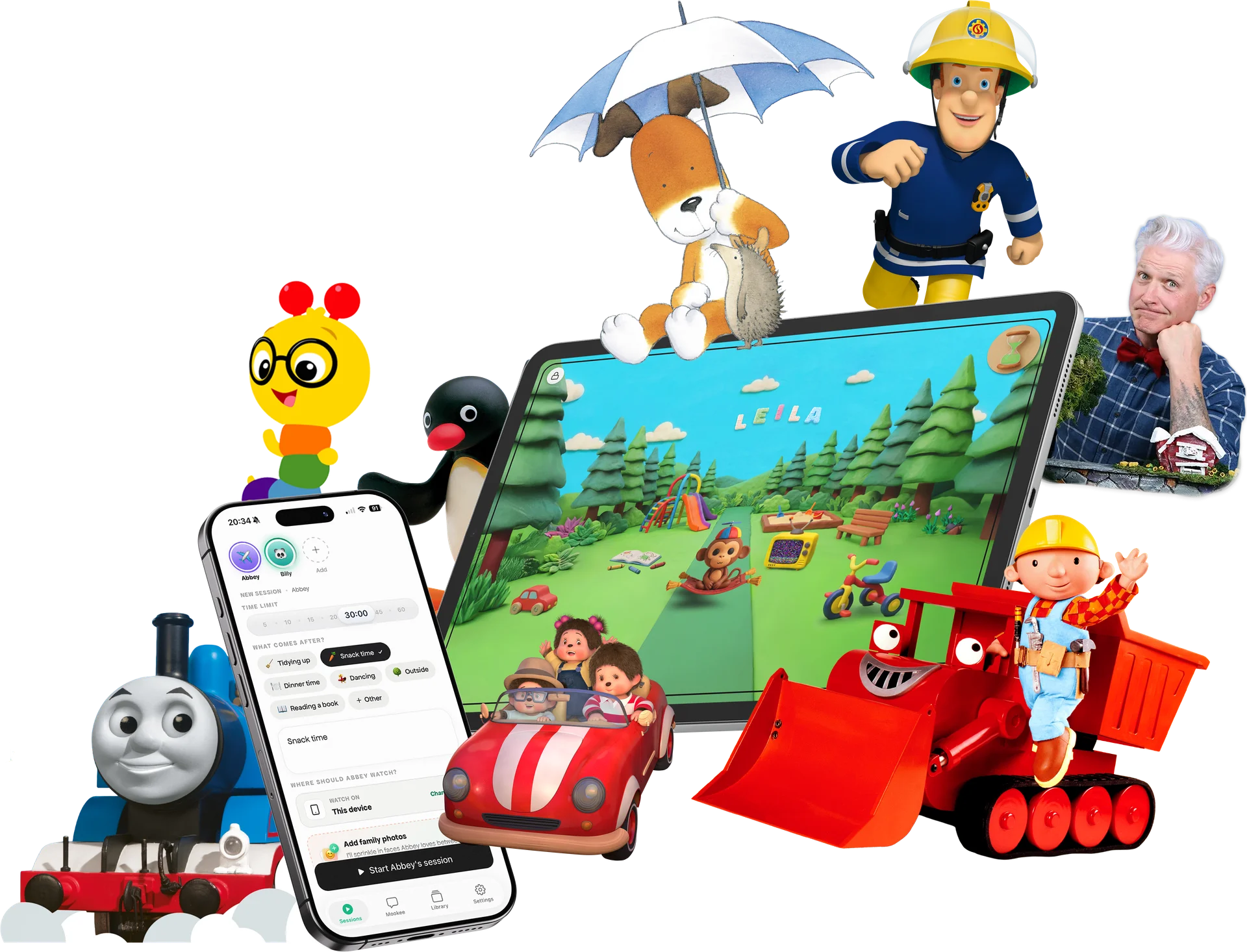 A tablet and phone surrounded by beloved children's characters